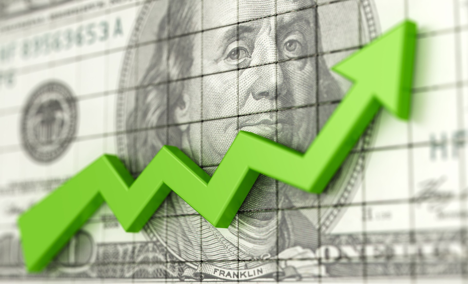 Gráfico de negócios de sucesso com arqueiro verde para cima e dólares de fundo. Lucro e dinheiro. Gráfico financeiro e empresarial. Crescimento do mercado de ações 3d ilustração.