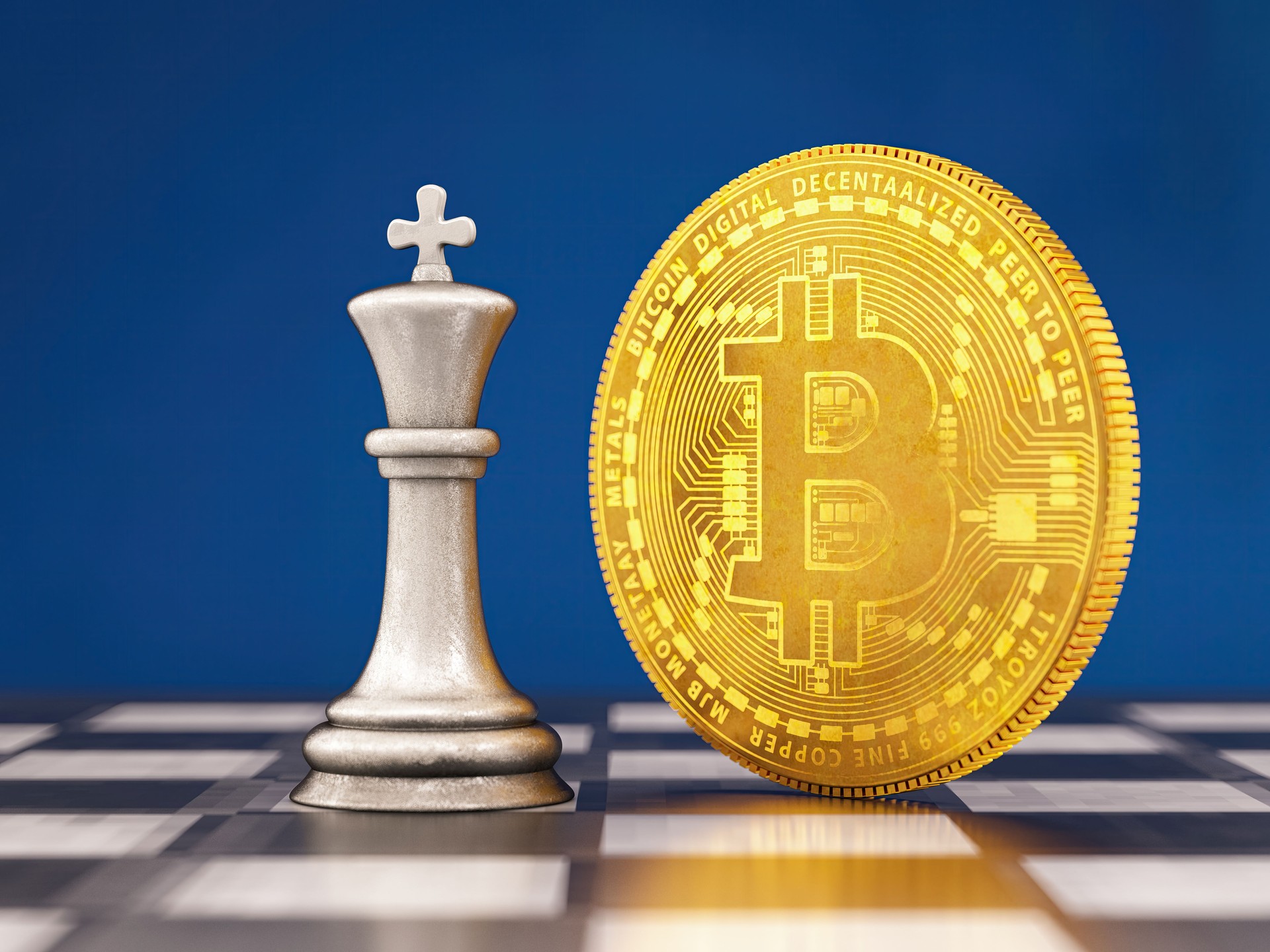 Conceito de estratégia de criptomoeda Bitcoin com uma peça de xadrez